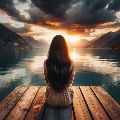 Woman on dock, enjoying lake and mountain sunset