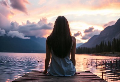 A woman sits on a dock at sunset, watching the water