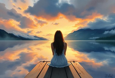 A woman sits on a dock watching the sunset over a lake