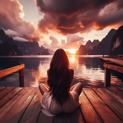 Woman on dock gazes at mountain lake sunset