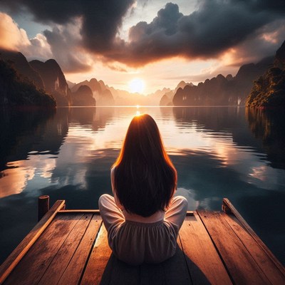 Woman on dock admiring sunrise over mountains