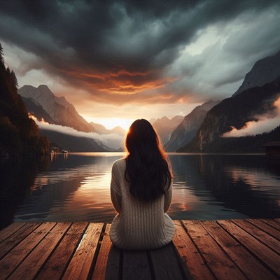A woman sits on a dock overlooking a mountain lake at sunset