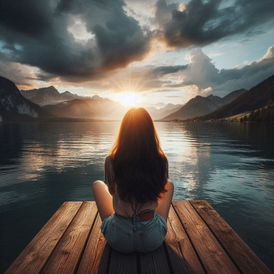 A woman sits on a dock, watching the sunset over a lake