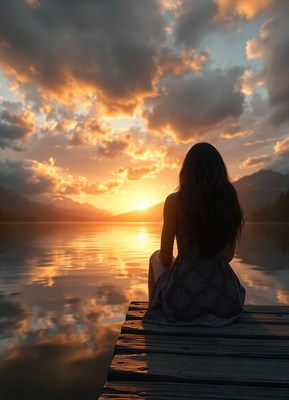 A woman sits on a dock, watching the sunset over a lake
