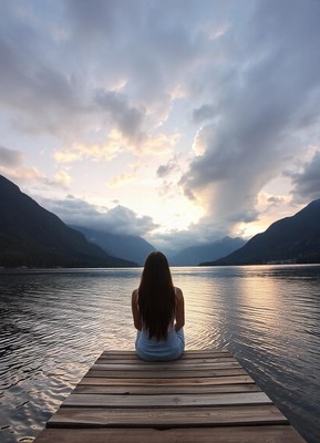 Woman on dock at sunset, lake and mountains view