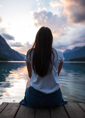 A woman sits on a dock, looking out at a lake