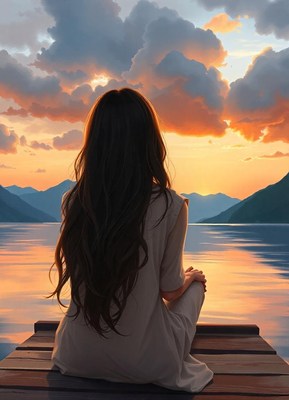 Woman on dock watching sunset over mountains