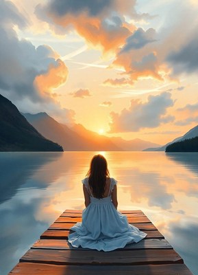 A woman sits on a dock watching the sunset over a lake