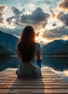 Woman on dock watching sunset over lake