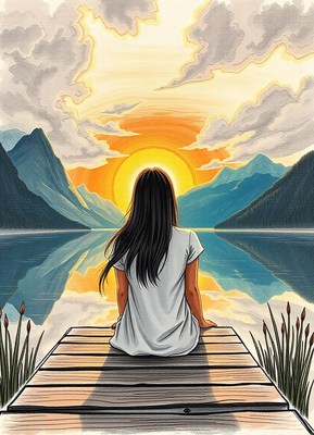 Woman watches sunset on a dock by a mountain lake