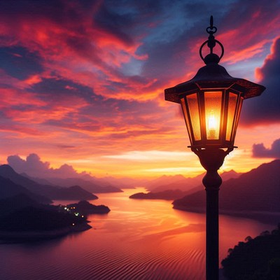 A lamp post illuminates the sunset over a lake and mountains