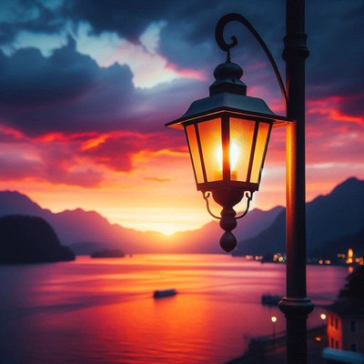 A street lamp glows against a vibrant sunset over a lake