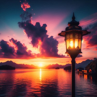 A lit lamppost stands against a fiery sunset over a lake