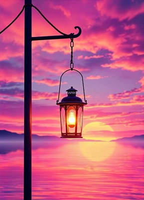 A lantern hangs from a post at sunset over the water