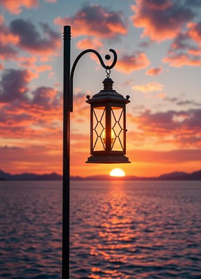 A lantern hangs against a sunset over the ocean