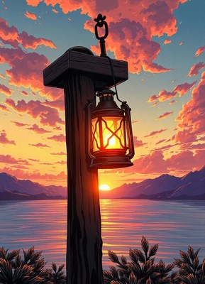A lantern glows against a sunset over a lake