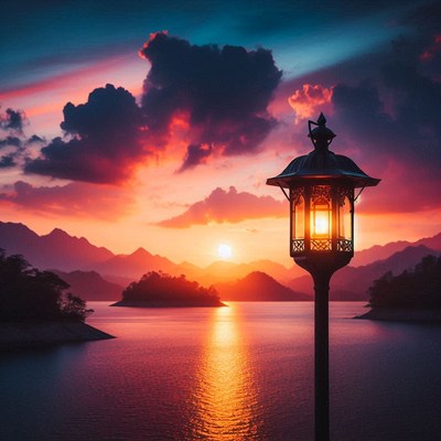 Lamppost by a lake at sunset with mountains