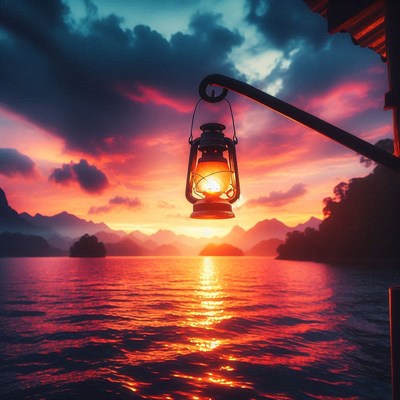 A lantern hangs over a calm lake at sunset