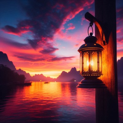 A lantern hangs from a post against a vibrant sunset