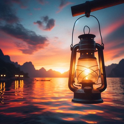 A lantern hangs over a calm lake at sunset