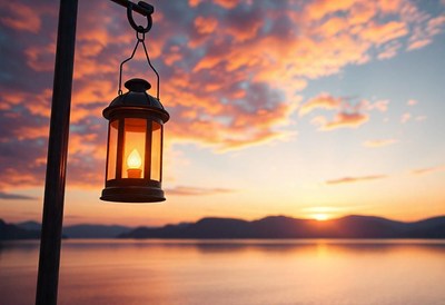 A lantern hangs against a beautiful sunset over the water