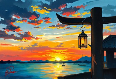 A lantern hangs in the sunset over a calm body of water
