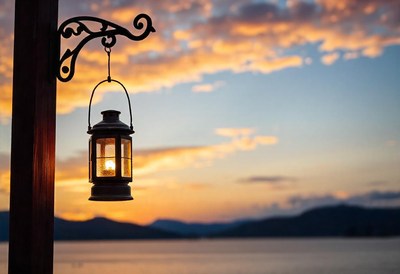 A lantern hangs from a post at sunset over a lake