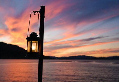 A lone lantern illuminates the water at sunset
