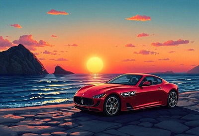 A red sports car sits on the beach at sunset