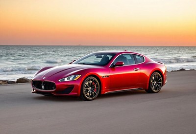 A red sports car parked on the beach at sunset