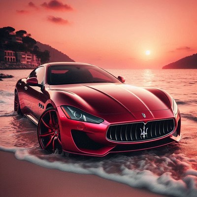 A red sports car drives on a beach at sunset