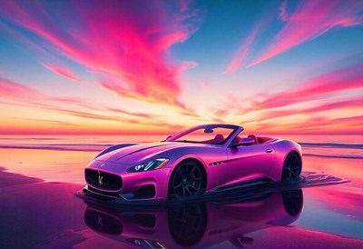A pink convertible sits on the beach at sunset