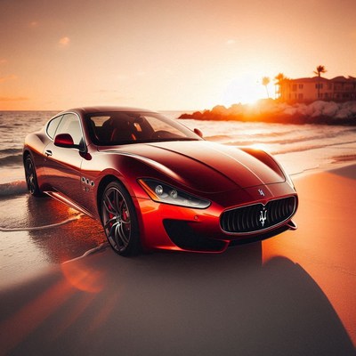 A red sports car sits on the beach at sunset