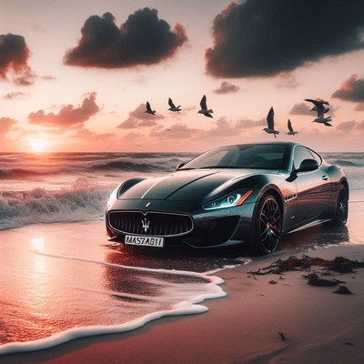 A black sports car sits on a beach at sunset