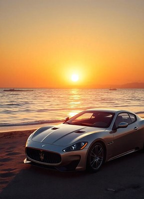 A silver sports car parked on a sandy beach at sunset