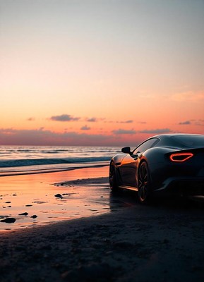 A black car sits on a sandy beach at sunset