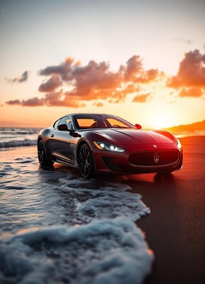 A red sports car parked on a beach at sunset
