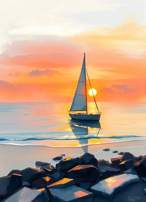 A sailboat floats on the water at sunset