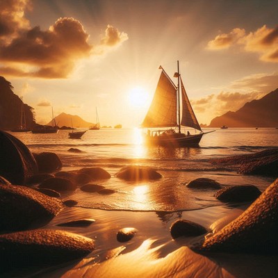 A sailboat sails past a rocky beach during sunset