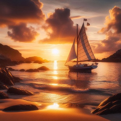 A sailboat sails past a rocky shore at sunset