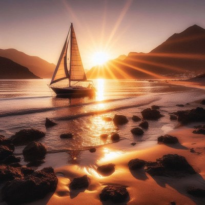 A sailboat glides through the water at sunset