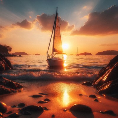 A sailboat at sunset on a tropical beach