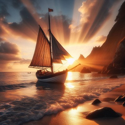 A sailboat glides through the water at sunset
