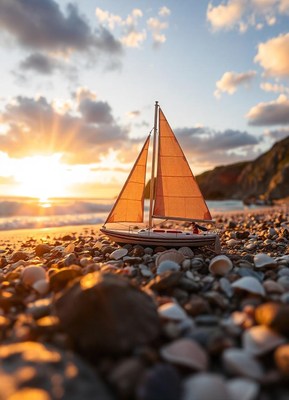 A small sailboat sits on a pebbled beach at sunset