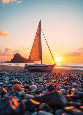 A sailboat sits on a pebble beach at sunset