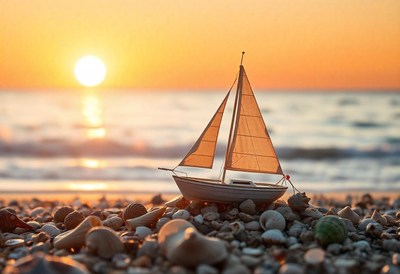A small sailboat sits on a beach at sunset