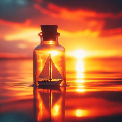 Sailboat in a bottle floats at sunset
