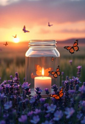 Candle in a jar with butterflies at sunset