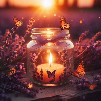 Candle in a jar with lavender at sunset
