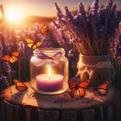 A lit candle is placed inside a glass jar with a pink bow